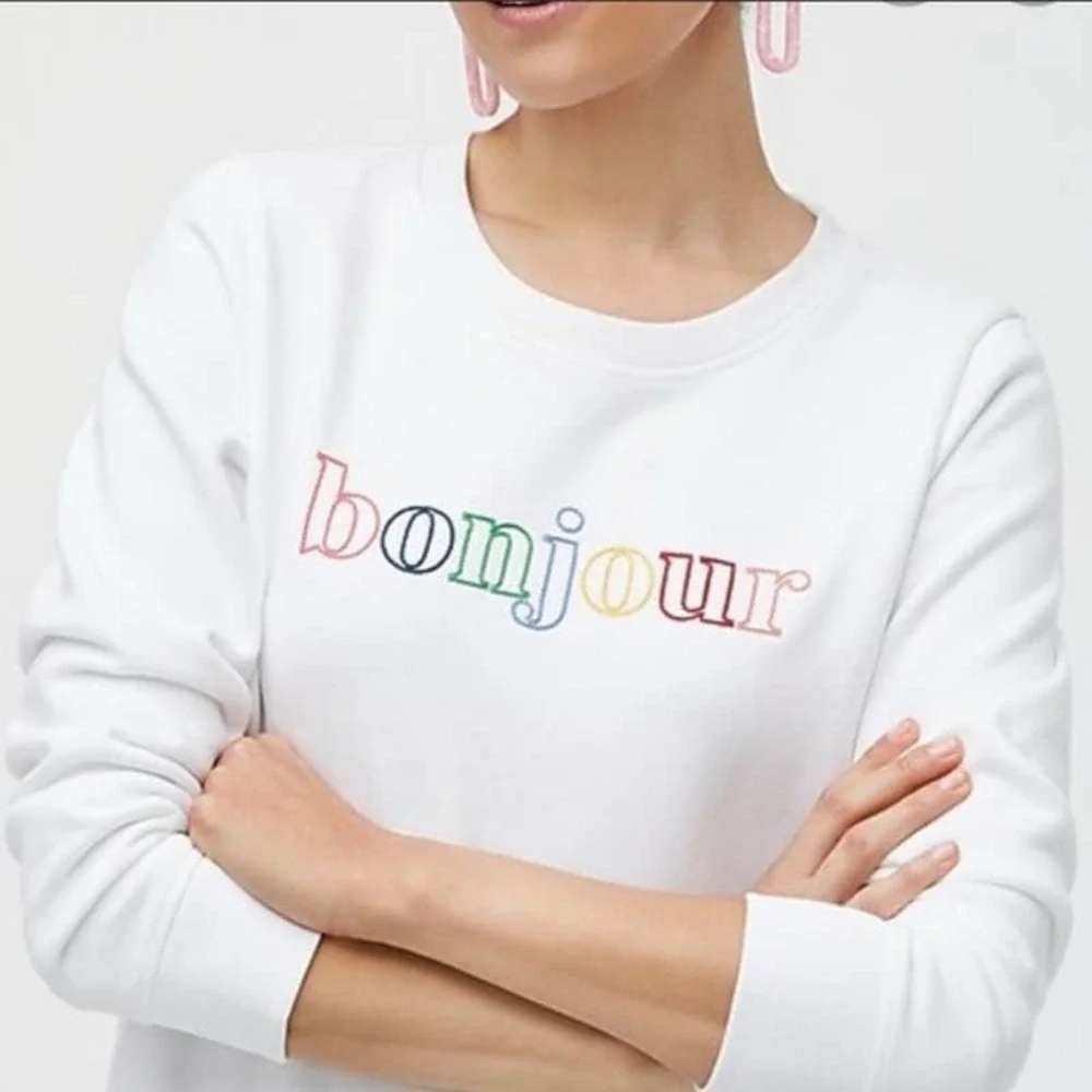 J. Crew Bonjour Embroidered Sweatshirt Womens M White Rainbow Graphic‎ AL015